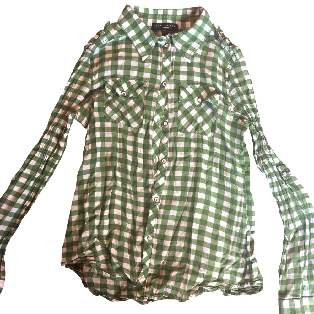Sanctuary Clothing Green Gingham Button Down Shirt Cotton Long Sleeve Small B477